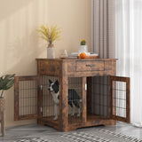 ZUN Furniture Style Dog Crate End Table with Drawer, Pet Kennels with Double Doors, Dog House Indoor W116241645
