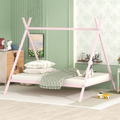 ZUN House Bed Tent Bed Frame Full Size Metal Floor Play House Bed with Slat for Kids Girls Boys , No Box MF296556AAH