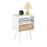 ZUN 15.75" Rattan End table with Power Outlet & USB Ports , Modern nightstand with drawer and solid wood W126573114