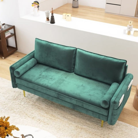 ZUN 71'' Velvet Sofa,mid century couch with 2 throw pillows & pockets for living room,Green W848123699