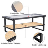 ZUN Modern minimalist rectangular double layer black solid wood imitation rattan coffee table with a W1151119892