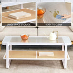 ZUN Modern minimalist white double layered solid wood coffee table. Glass tabletop, imitation rattan W1151134809