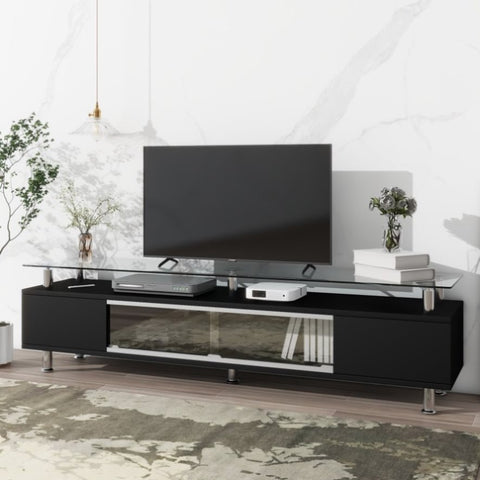 ZUN ON-TREND Sleek Design TV Stand Silver Metal Legs for TV Up to 70", Tempered Glass TV Cabinet WF306451AAB