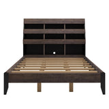 ZUN Mid Century Modern Style Queen Bed Frame with Bookshelf and LED Lights and USB Port, Walnut and WF308606AAD