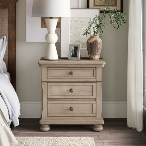 ZUN Transitional Bedroom Nightstand with Hidden Drawer Wire Brushed Gray Finish Birch Veneer Wood Bed B01146195