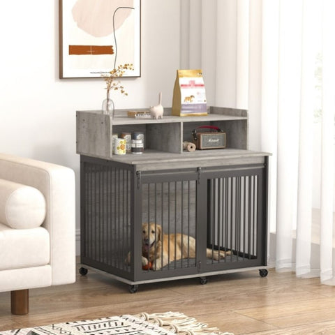 ZUN Furniture type dog cage iron frame door with cabinet, top can be opened and closed. Grey, 43.7'' W x W116291731