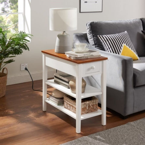 ZUN Narrow 2-tone End Table with USB Charging Ports for Small Space, SOLID WOOD Table Legs, White and W1758126935
