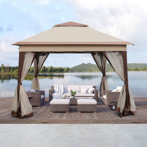 ZUN Outdoor 11 x 11 Ft 2-Tier Soft Top Pop up Gazebo Canopy with Removable Zipper Netting and 4 00011812