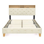 ZUN Queen Size Bed Frame, Shelf Upholstered Headboard, Platform Bed with Outlet & USB Ports, Wood Legs, W48794462