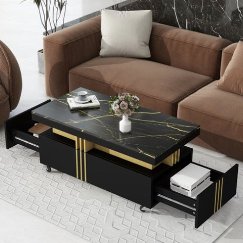 ZUN ON-TREND Contemporary Coffee Table with Faux Marble Top, Rectangle Cocktail Table with Caster WF305961AAB