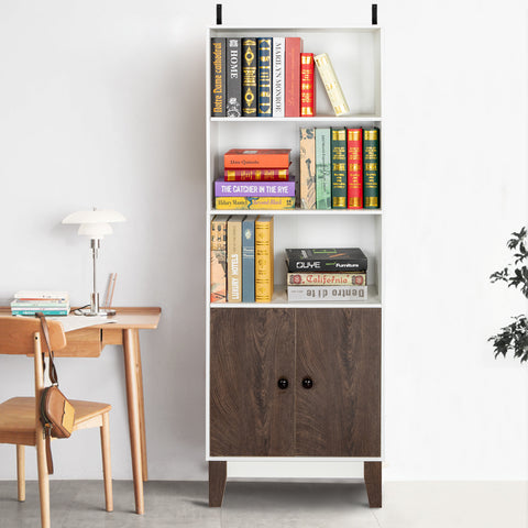 ZUN 4 Tier Bookcase Storage Cabinet,Wooden Bookshelf with 2 Doors and 3 Shelves, Free Standing Floor 42370180