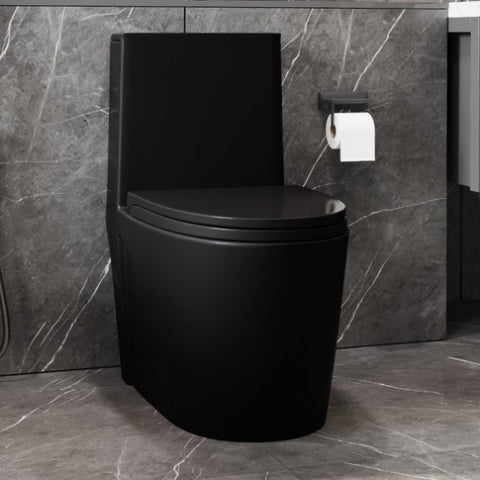 ZUN 15 5/8 Inch 1.1/1.6 GPF Dual Flush 1-Piece Elongated Toilet with Soft-Close Seat - Matte Black W1573140599