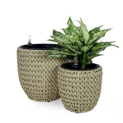 ZUN 2-Pack Self-watering Wicker Planter - Garden Decoration Pot - Round - Beige B046P144666