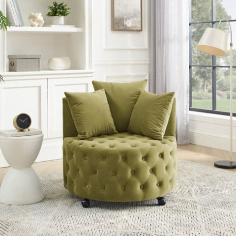 ZUN Velvet Upholstered Swivel Chair for Living Room, with Button Tufted Design and Movable Wheels, W487130124