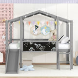 ZUN Twin Size Loft Bed with Ladder and Slide, House Bed with Blackboard and Light Strip on the Roof, WF307450AAE