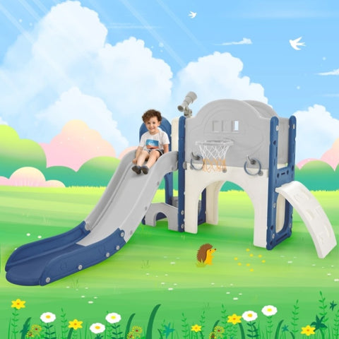 ZUN Kids Slide Playset Structure 7 in 1, Freestanding Spaceship Set with Slide, Arch Tunnel, Ring Toss PP319756AAC