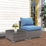 ZUN 2 Pieces Patio Armless Blue Brown Single Rattan Wicker Sofa Couches Furniture With End Side Table W1828140351