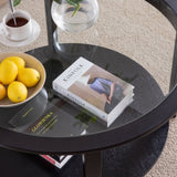 ZUN Round glass top solid wood storage coffee table, black 02548820