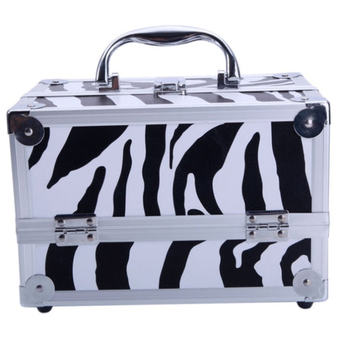 ZUN SM-2176 Aluminum Makeup Train Case Jewelry Box Cosmetic Organizer with Mirror 9"x6"x6" White Zebra 40298534