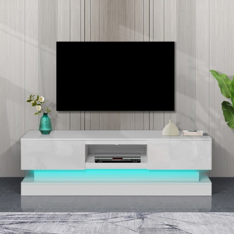 ZUN 63inch WHITE morden TV Stand with LED Lights,high glossy front TV Cabinet,can be assembled in Lounge W67963297