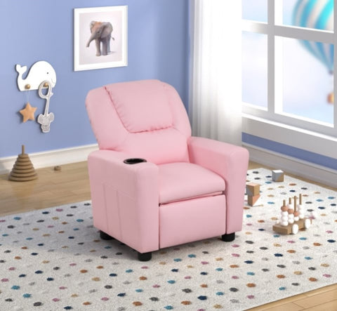 ZUN Marisa 22" Pink PU Leather Kids Recliner Chair with Cupholder B061110701