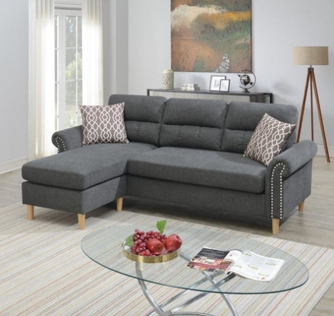 ZUN Slate Color Polyfiber Reversible Sectional Sofa Set Chaise Pillows Plush Cushion Couch Nailheads HS00F6447-ID-AHD