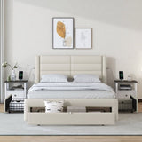 ZUN Queen Size Bed Frame with Drawers Storage, Leather Upholstered Platform Bed with Charging W1580113786