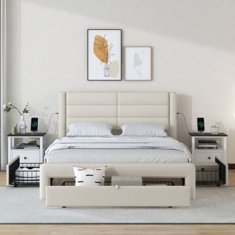ZUN Queen Size Bed Frame with Drawers Storage, Leather Upholstered Platform Bed with Charging W1580113786
