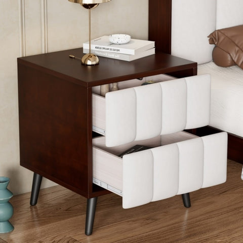 ZUN 2-Drawer Nightstand for Bedroom, Mordern Wood+Linen Bedside Table with Classic Design,Walnut+Beige WF308967AAA