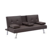 ZUN [New+Video] Brown Leather Multifunctional Double Folding Sofa Bed for Office with Coffee Table W165880946