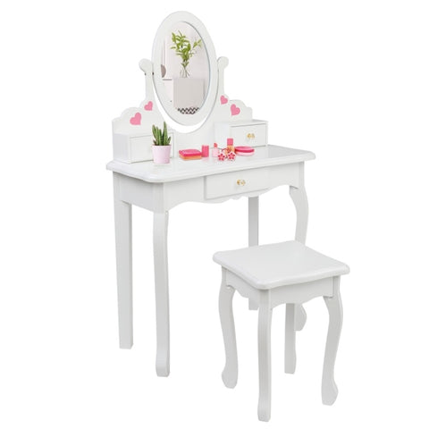 ZUN Children's Wooden Dressing Table Reversible Round Mirror Dressing Table Chair Three Drawers White 09401206