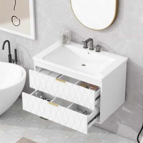 ZUN 30'' Wall Mounted Bathroom Vanity with Resin Sink,Floating Bathroom Storage Cabinet with 2 Drawers, WF316723AAK