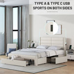 ZUN Queen Size Bed Frame with Drawers Storage, Leather Upholstered Platform Bed with Charging W1580113786