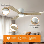 ZUN 52 inch White Wood Ceiling Fans Lights and Remote, Modern Flush Mount Low Profile Ceiling Fan W2352P154690