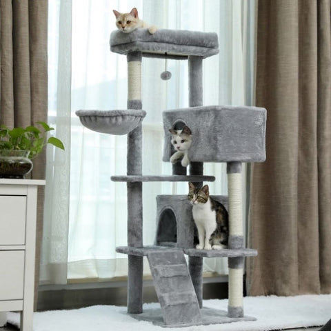 ZUN Multi-functional Cat Tree Tower with Sisal Scratching Post, 2 Cozy Condos, Top Perch, Hammock, 58860018