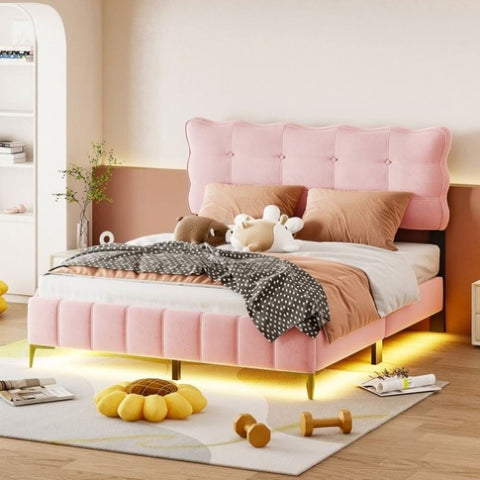 ZUN Queen Size Velvet Platform Bed with LED Frame and Stylish Mental Bed Legs, Pink WF313807AAH