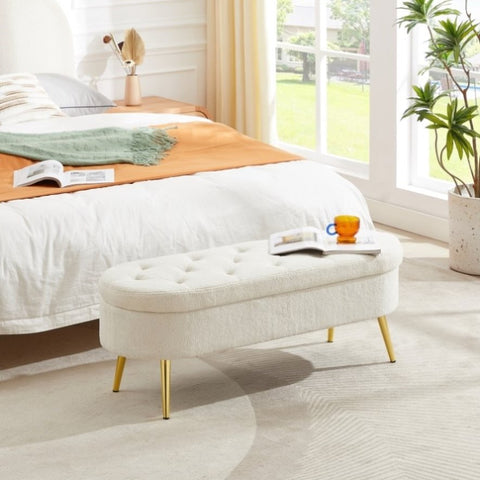 ZUN Storage bench velvet suit a bedroom soft mat tufted bench sitting room porch oval footstool Beige W1359120054