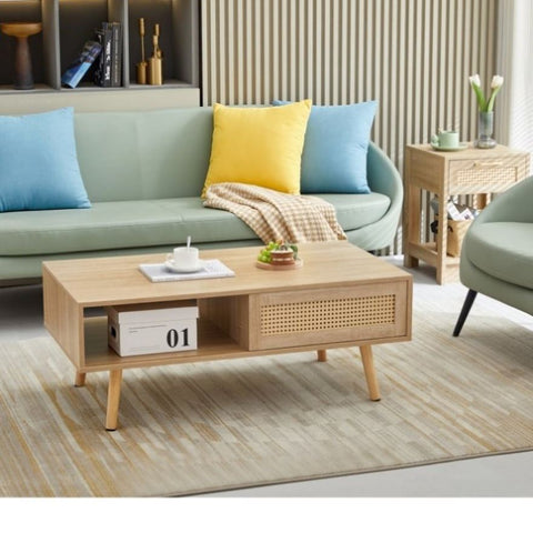 ZUN 41.34" Rattan Coffee table, sliding door for storage, solid wood legs, Modern table for living room W126573113