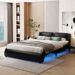 ZUN Full Size Upholstered Faux Leather Platform Bed with LED Light Bed Frame with Slatted - Black WF296647AAB