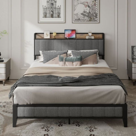 ZUN Queen Size Bed Frame with Charging Station, Upholstered Headboard, Metal Platform, Grey W1960131346