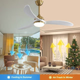 ZUN 52 Inch Indoor Ceiling Fan With Dimmable Led Light 3 Solid Wood Blades Remote Control Reversible DC W882P147813