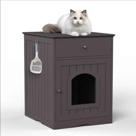 ZUN Wooden Pet House Cat Litter Box Enclosure with Drawer, Side Table, Indoor Pet Crate, Cat Home W80863046