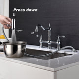 ZUN Kitchen sink faucet with pull-out side spray, modern and chic bridge shaped double handle rotary 92093411