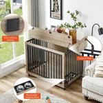 ZUN Furniture Style Dog Crate Side Table With Feeding Bowl, Wheels, Three Doors, Flip-Up Top Opening. W1820123209