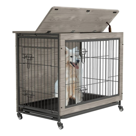 ZUN Dog Crate , 38'' Heavy Duty Wooden Dog Kennel with Double Doors & Flip-Top for Large Dogs, W1422109453