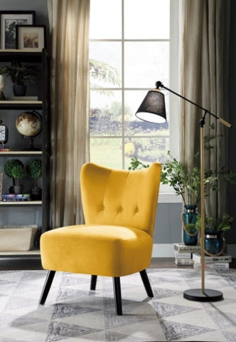 ZUN Unique Style Accent Chair Yellow Velvet Covering Button-Tufted Back Brown Finish Wood Legs Modern B01143829