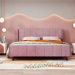 ZUN Queen Size Upholstered Platform Bed, Velvet, Pink WF308658AAH
