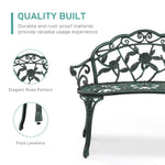 ZUN Outdoor Cast Aluminum Patio Bench, Porch Bench Chair with Curved Legs Rose Pattern, Antique Green 56157164