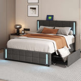 ZUN Queen Size Upholstered Platform Bed with LED Lights and USB Charging, Storage Bed with 4 Drawers, WF309337AAE