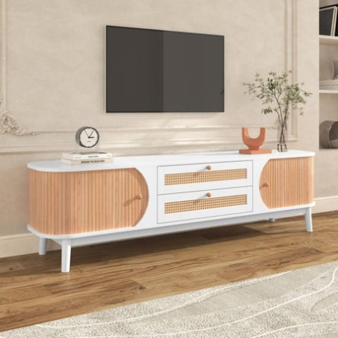 ZUN Rattan TV Stand for TVs up to 75'', Modern Farmhouse Media Console, Entertainment Center with Solid WF316663AAK